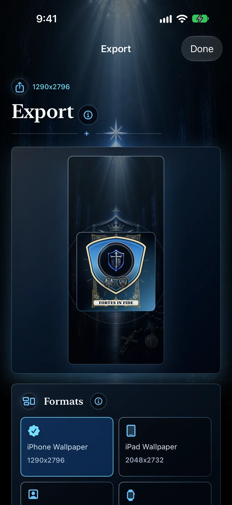Ave Armor export screen with wallpaper and device formats