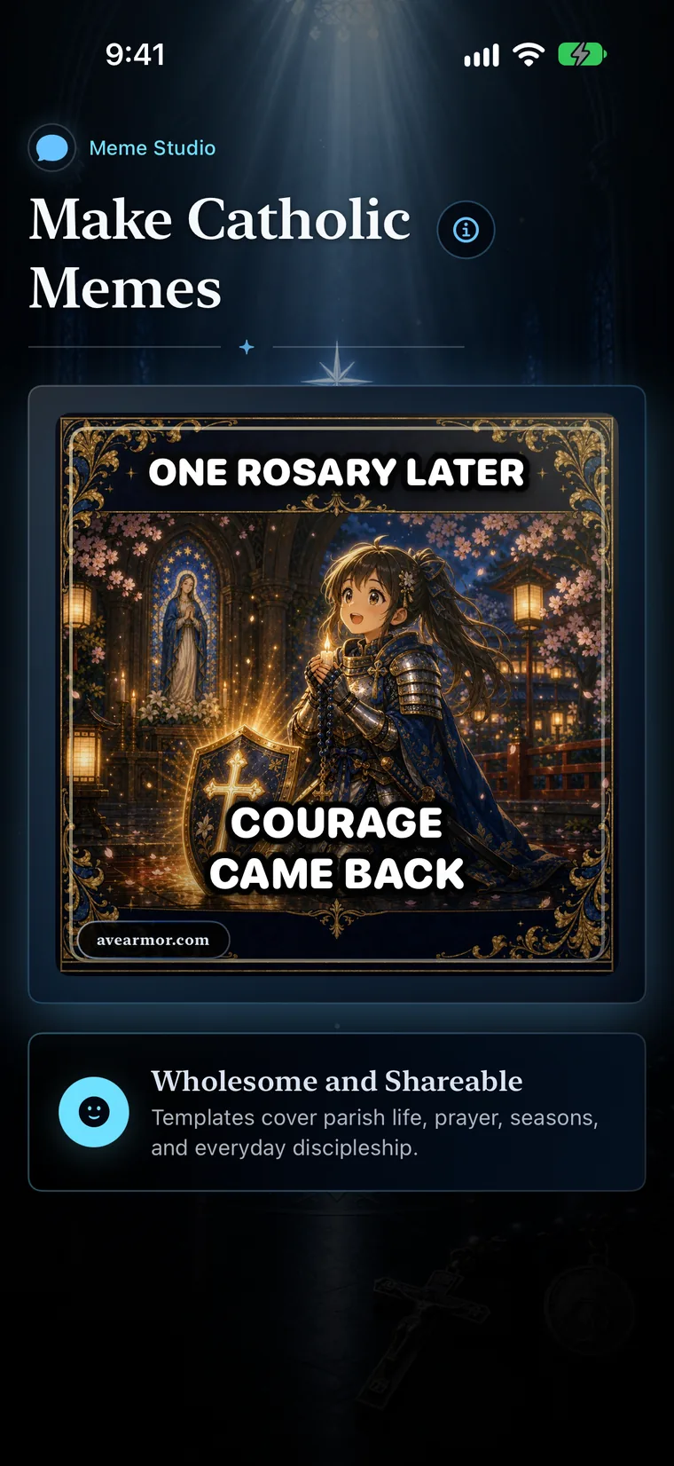 Ave Armor Meme Studio with a wholesome Catholic meme
