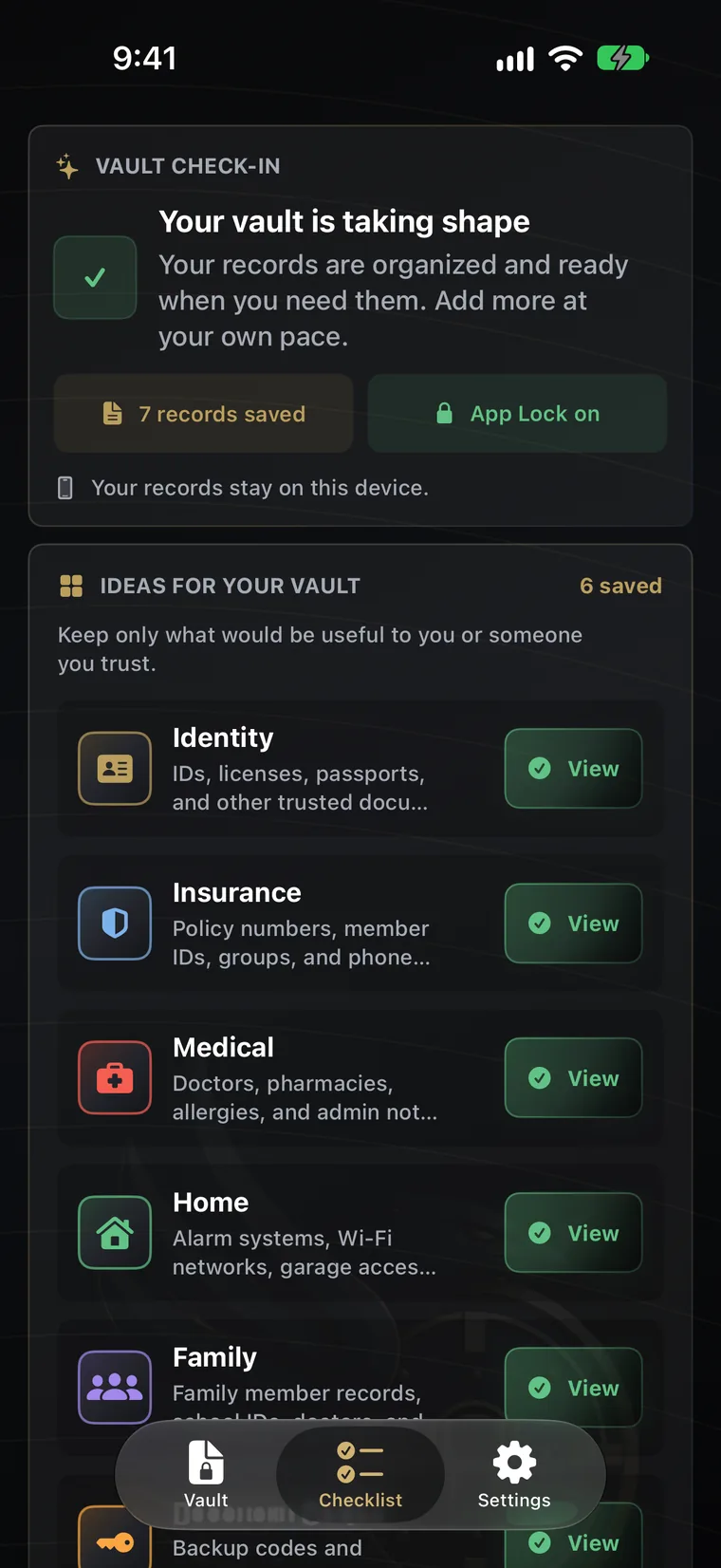 Blackwing Vault app screen