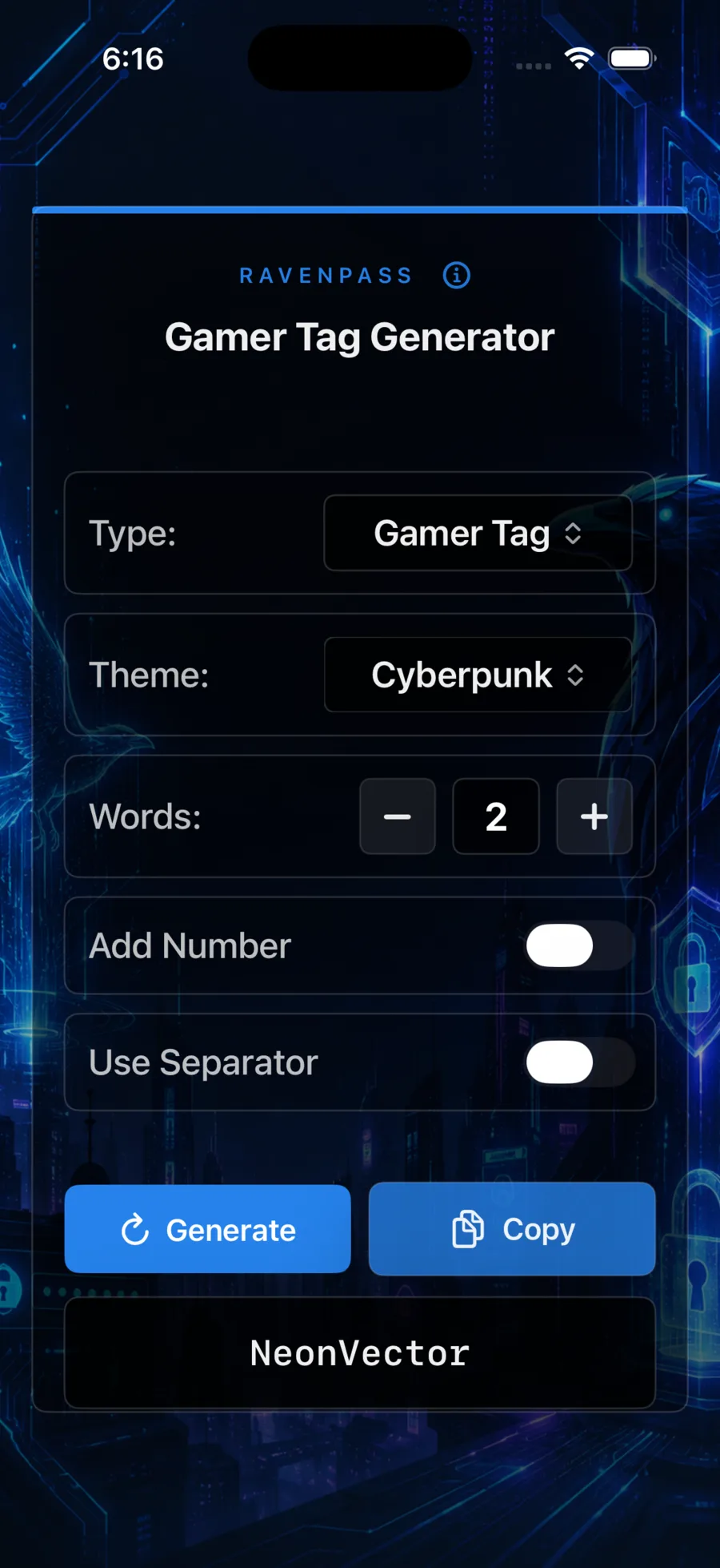 RavenPass gamer tag generator on iPhone using the Cyberpunk theme.