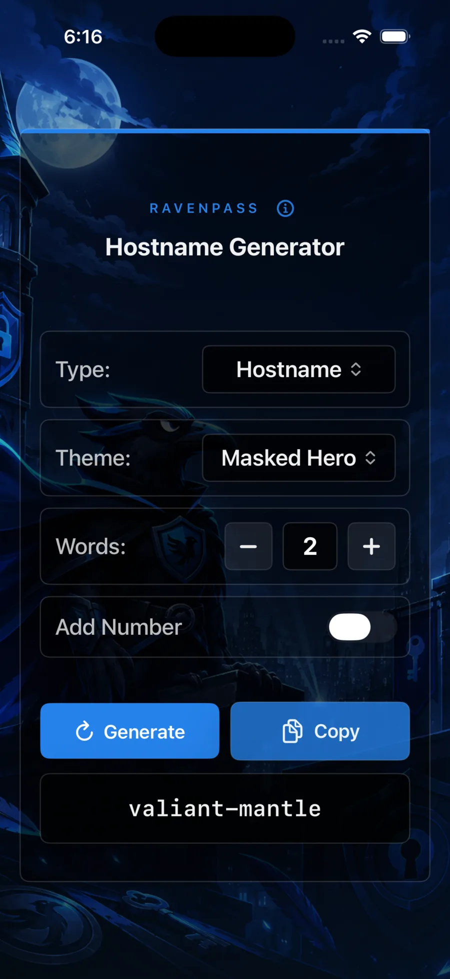 RavenPass hostname generator on iPhone using the Masked Hero theme.