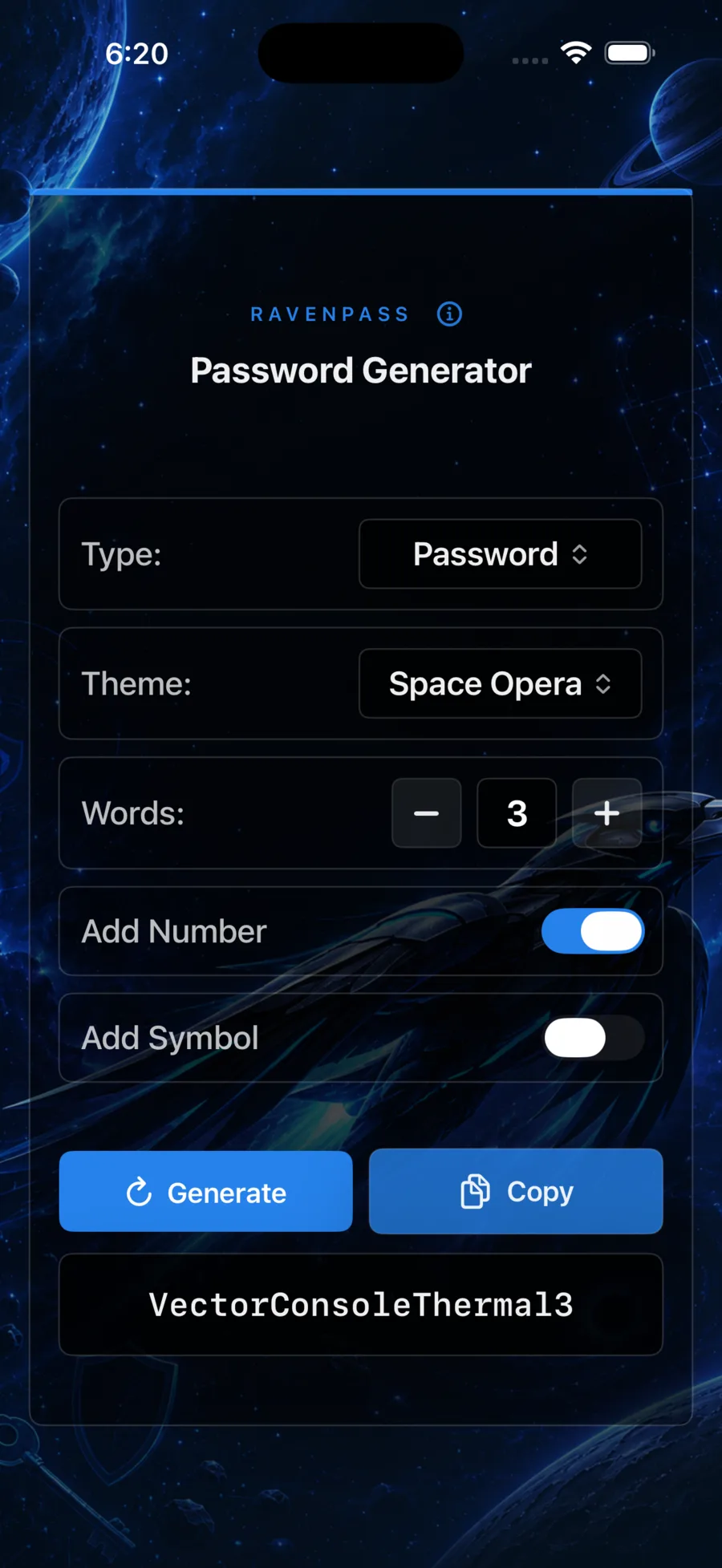 RavenPass password generator on iPhone.